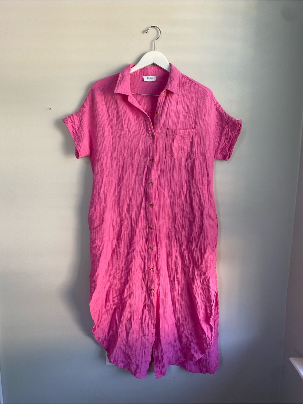100% Cotton Gauze Button-Front Maxi Shirt Dress / Pool / Beach Cover Up - Pink
